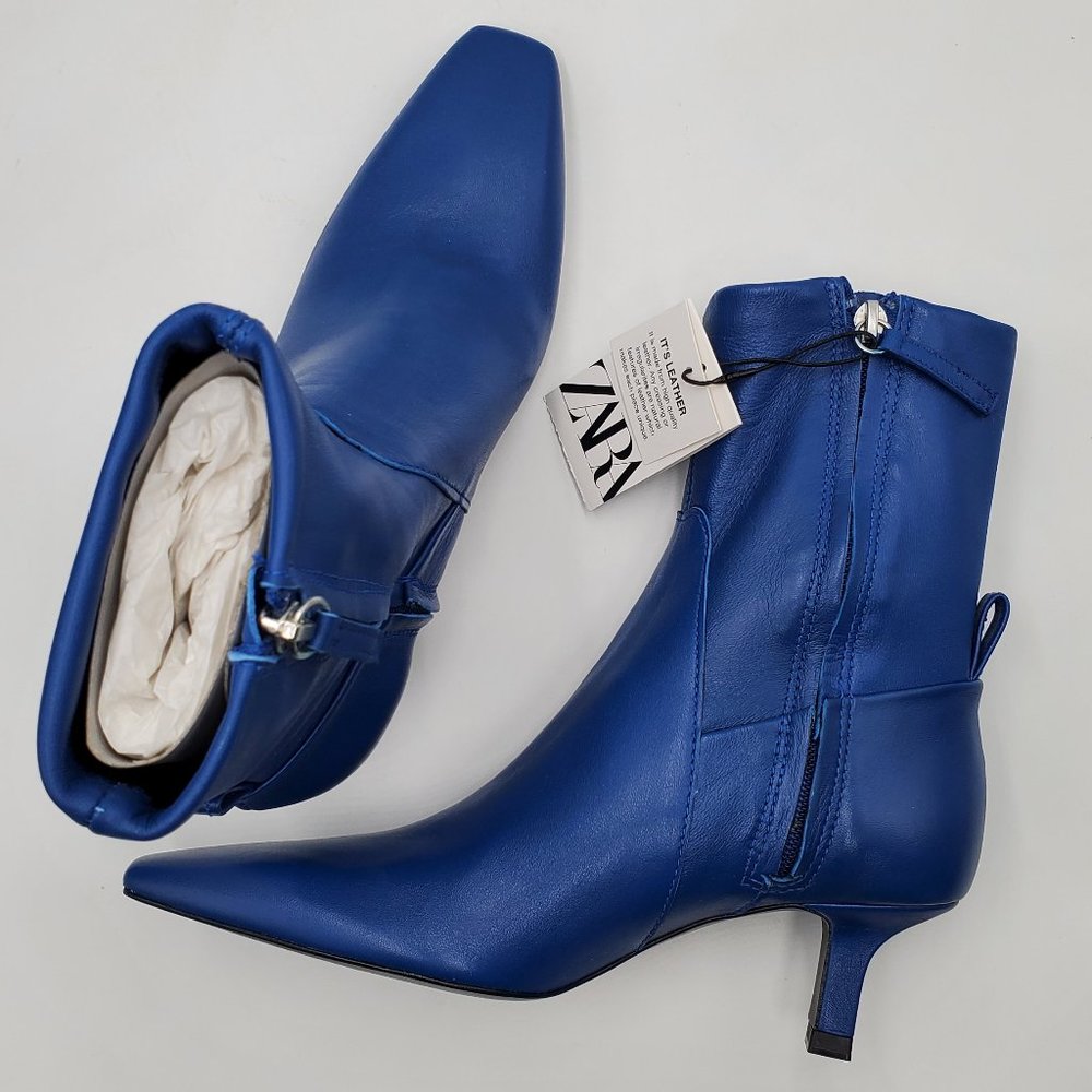 Zara Electric Blue Leather Kitten Heel Booties - NWT - Picture 14 of 16